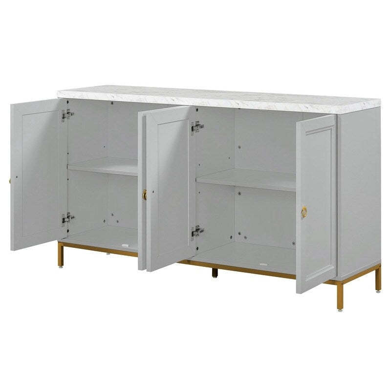 Buffet moderne avec très grand espace de rangement, poignées et pieds de support en métal, idéal pour le salon et la salle à manger.