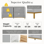 Buffet moderne avec très grand espace de rangement, poignées et pieds de support en métal, idéal pour le salon et la salle à manger.