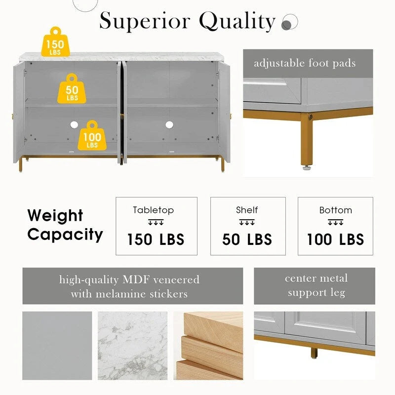 Buffet moderne avec très grand espace de rangement, poignées et pieds de support en métal, idéal pour le salon et la salle à manger.