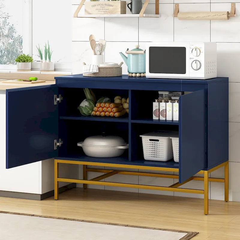 Buffet minimaliste, meuble de rangement luxueux avec pieds en métal doré et étagères réglables, console pour salon
