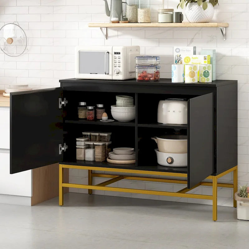 Buffet minimaliste, meuble de rangement luxueux avec pieds en métal doré et étagères réglables, console pour salon