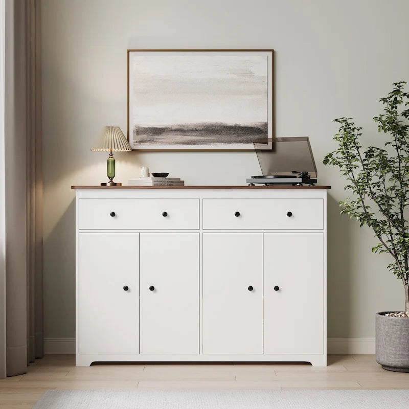 Buffet moderne de rangement avec 2 tiroirs et 4 portes, idéal pour le salon, la salle à manger, la cuisine ou le coin café. Couleur : blanc.
