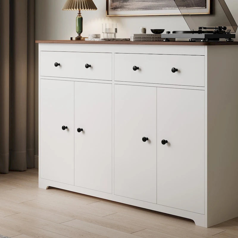 Buffet moderne de rangement avec 2 tiroirs et 4 portes, idéal pour le salon, la salle à manger, la cuisine ou le coin café. Couleur : blanc.