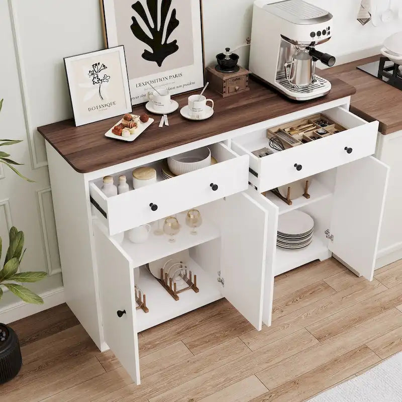 Buffet moderne de rangement avec 2 tiroirs et 4 portes, idéal pour le salon, la salle à manger, la cuisine ou le coin café. Couleur : blanc.