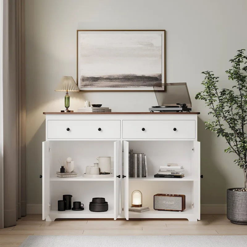 Buffet moderne de rangement avec 2 tiroirs et 4 portes, idéal pour le salon, la salle à manger, la cuisine ou le coin café. Couleur : blanc.