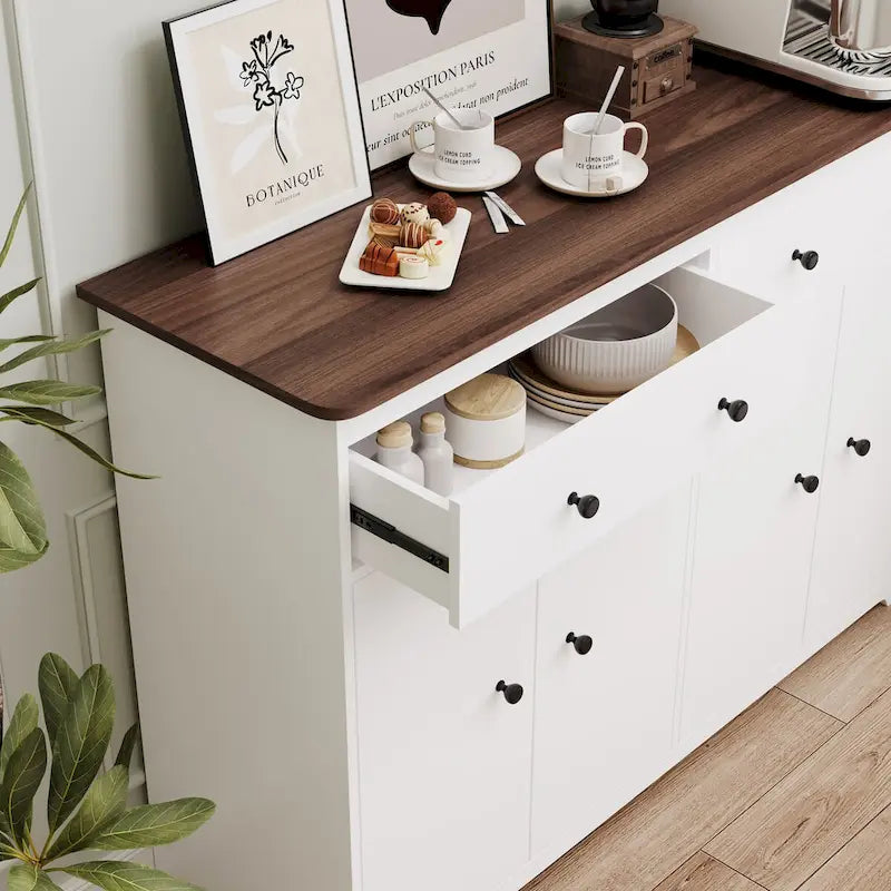 Buffet moderne de rangement avec 2 tiroirs et 4 portes, idéal pour le salon, la salle à manger, la cuisine ou le coin café. Couleur : blanc.