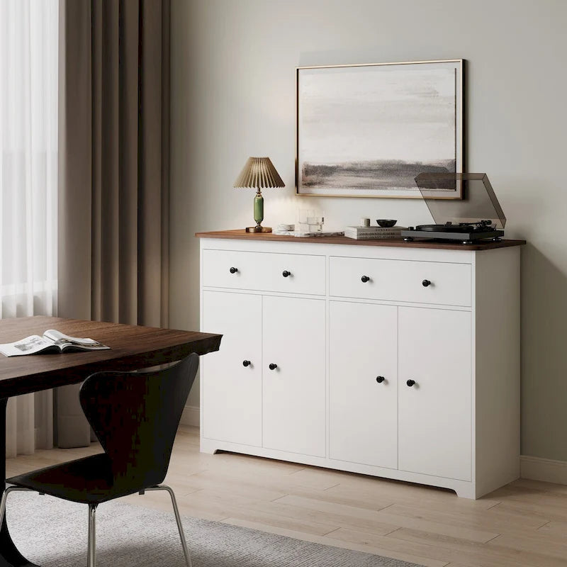 Buffet moderne de rangement avec 2 tiroirs et 4 portes, idéal pour le salon, la salle à manger, la cuisine ou le coin café. Couleur : blanc.