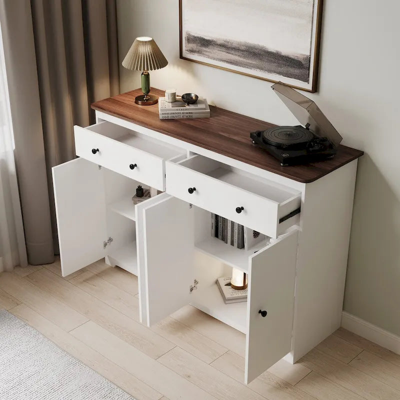 Buffet moderne de rangement avec 2 tiroirs et 4 portes, idéal pour le salon, la salle à manger, la cuisine ou le coin café. Couleur : blanc.