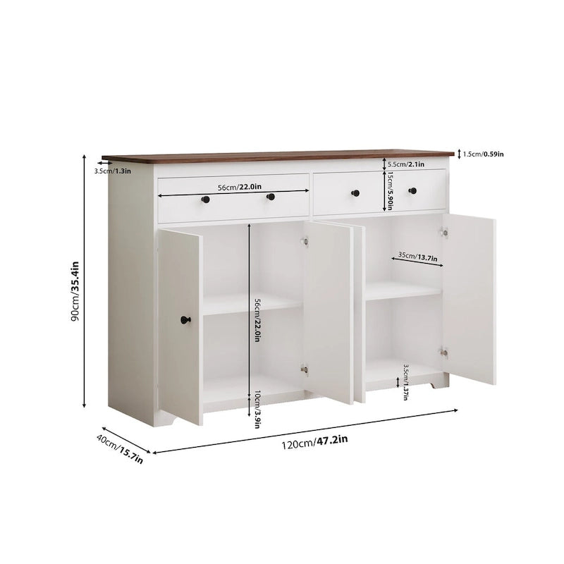 Buffet moderne de rangement avec 2 tiroirs et 4 portes, idéal pour le salon, la salle à manger, la cuisine ou le coin café. Couleur : blanc.