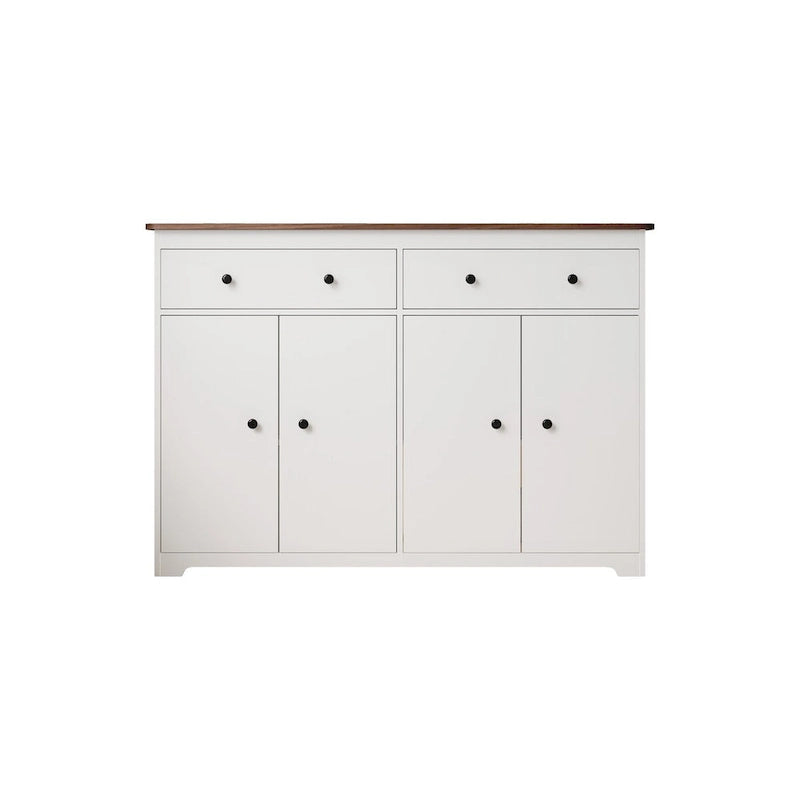 Buffet moderne de rangement avec 2 tiroirs et 4 portes, idéal pour le salon, la salle à manger, la cuisine ou le coin café. Couleur : blanc.