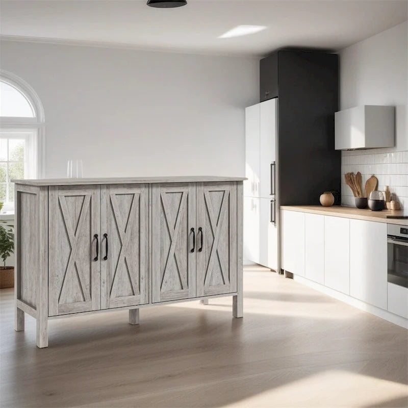 Buffet en bois avec 4 portes coulissantes de style grange et 2 étagères réglables - Non applicable