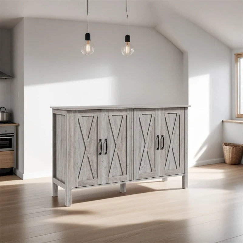 Buffet en bois avec 4 portes coulissantes de style grange et 2 étagères réglables - Non applicable