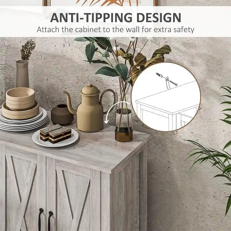 Buffet en bois avec 4 portes coulissantes de style grange et 2 étagères réglables - Non applicable