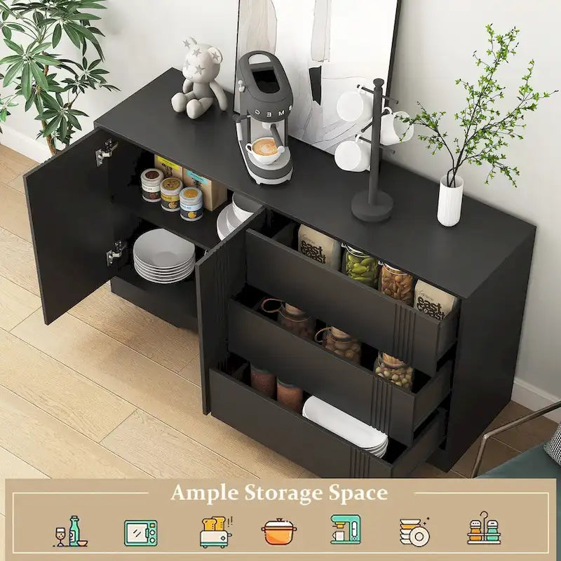 Buffet de cuisine moderne avec rangement, tiroirs et portes, noir