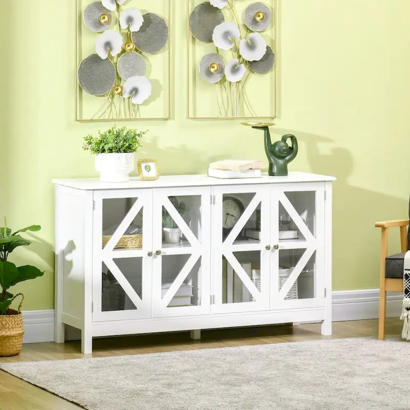 Buffet avec 4 portes en verre trempé et étagère de rangement réglable, crédence, blanc