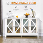 Buffet avec 4 portes en verre trempé et étagère de rangement réglable, crédence, blanc
