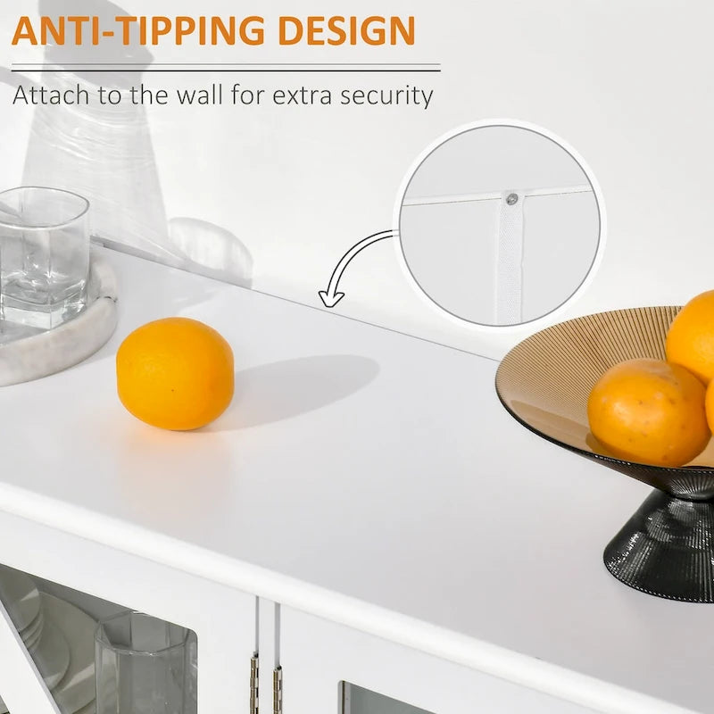 Buffet avec 4 portes en verre trempé et étagère de rangement réglable, crédence, blanc