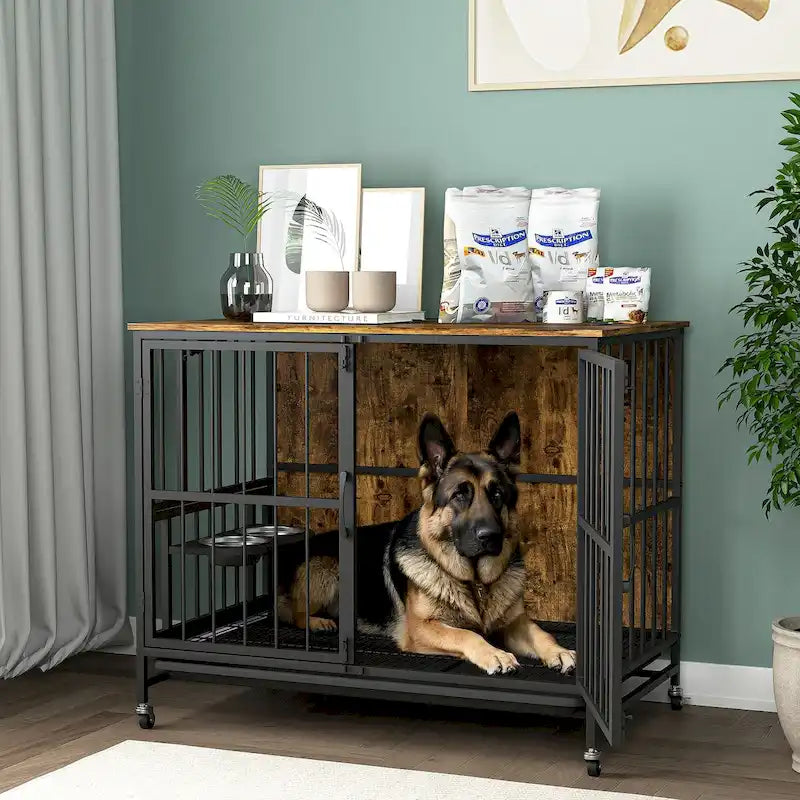 Meuble pour cage de chien avec plateau amovible, niche à double porte, panneau relevable, rotation à 360 degrés et 3 gamelles réglables en hauteur.