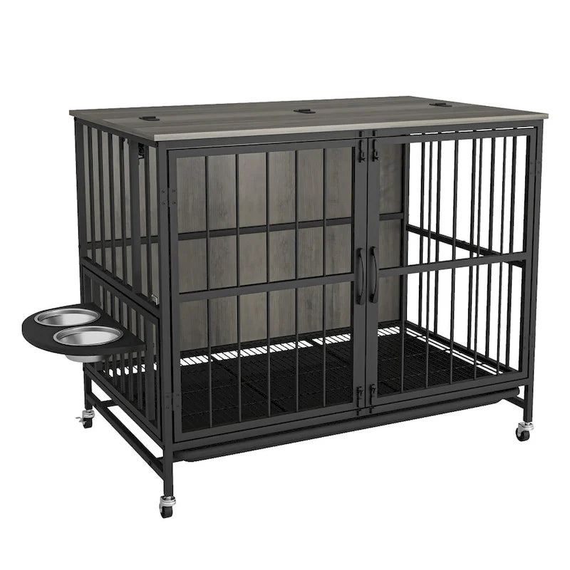 Meuble pour cage de chien avec plateau amovible, niche à double porte, panneau relevable, rotation à 360 degrés et 3 gamelles réglables en hauteur.