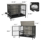 Meuble pour cage de chien avec plateau amovible, niche à double porte, panneau relevable, rotation à 360 degrés et 3 gamelles réglables en hauteur.