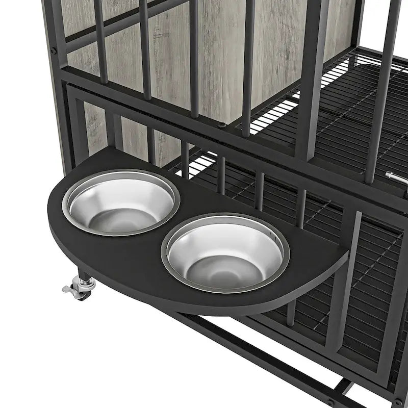 Meuble pour cage de chien avec plateau amovible, niche à double porte, panneau relevable, rotation à 360 degrés et 3 gamelles réglables en hauteur.