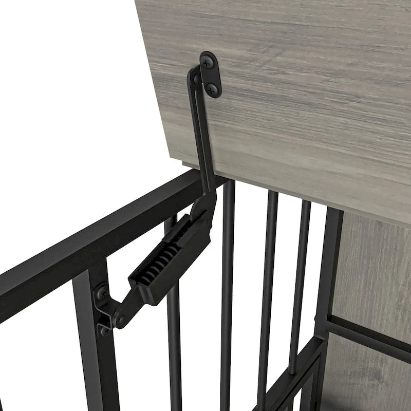 Meuble pour cage de chien avec plateau amovible, niche à double porte, panneau relevable, rotation à 360 degrés et 3 gamelles réglables en hauteur.