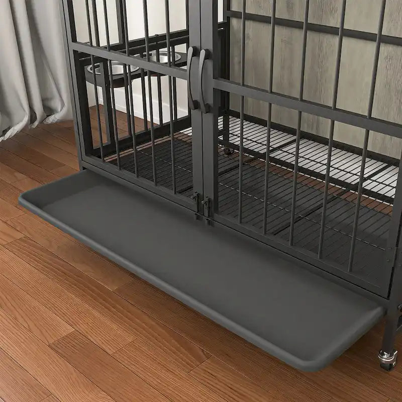 Meuble pour cage de chien avec plateau amovible, niche à double porte, panneau relevable, rotation à 360 degrés et 3 gamelles réglables en hauteur.