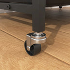 Meuble pour cage de chien avec plateau amovible, niche à double porte, panneau relevable, rotation à 360 degrés et 3 gamelles réglables en hauteur.