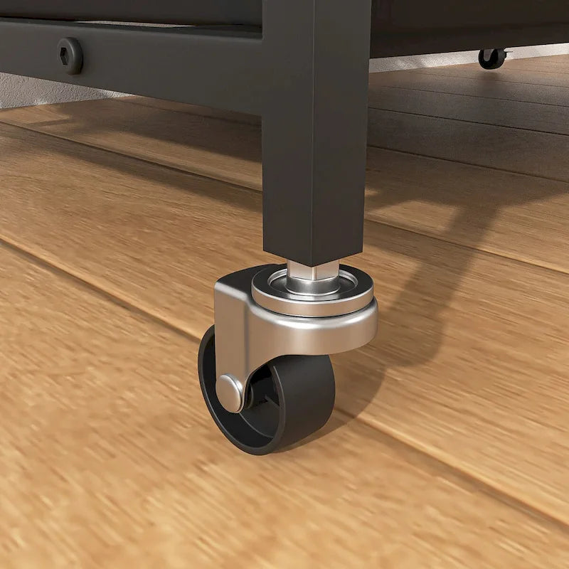 Meuble pour cage de chien avec plateau amovible, niche à double porte, panneau relevable, rotation à 360 degrés et 3 gamelles réglables en hauteur.