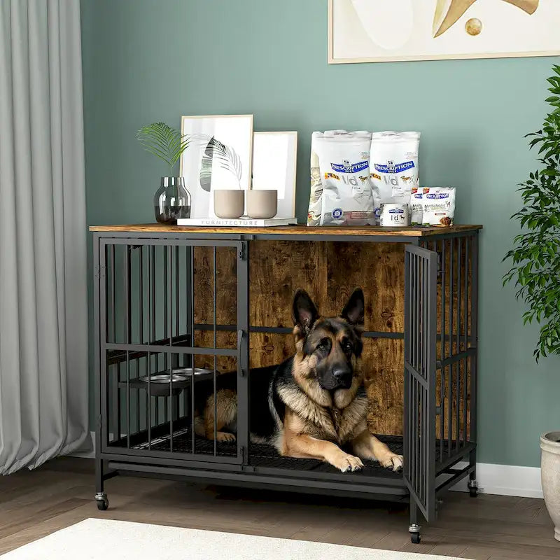 Meuble pour cage de chien avec plateau amovible, niche à double porte, panneau relevable, rotation à 360 degrés et 3 gamelles réglables en hauteur.