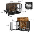 Meuble pour cage de chien avec plateau amovible, niche à double porte, panneau relevable, rotation à 360 degrés et 3 gamelles réglables en hauteur.
