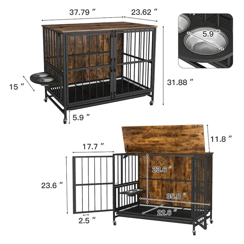 Meuble pour cage de chien avec plateau amovible, niche à double porte, panneau relevable, rotation à 360 degrés et 3 gamelles réglables en hauteur.