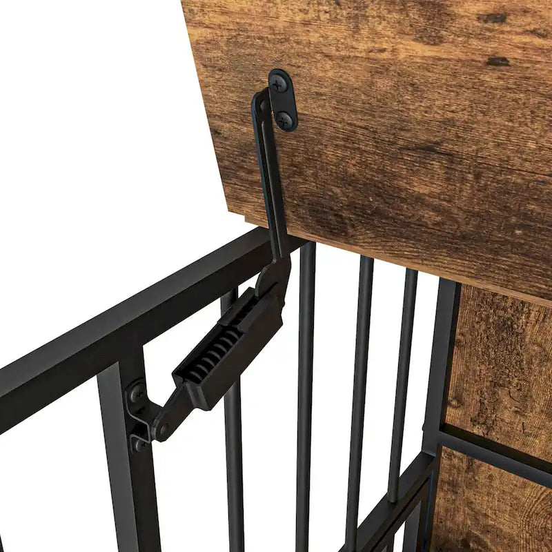 Meuble pour cage de chien avec plateau amovible, niche à double porte, panneau relevable, rotation à 360 degrés et 3 gamelles réglables en hauteur.