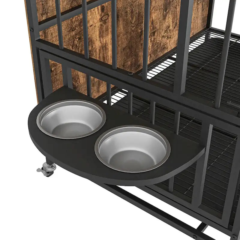 Meuble pour cage de chien avec plateau amovible, niche à double porte, panneau relevable, rotation à 360 degrés et 3 gamelles réglables en hauteur.