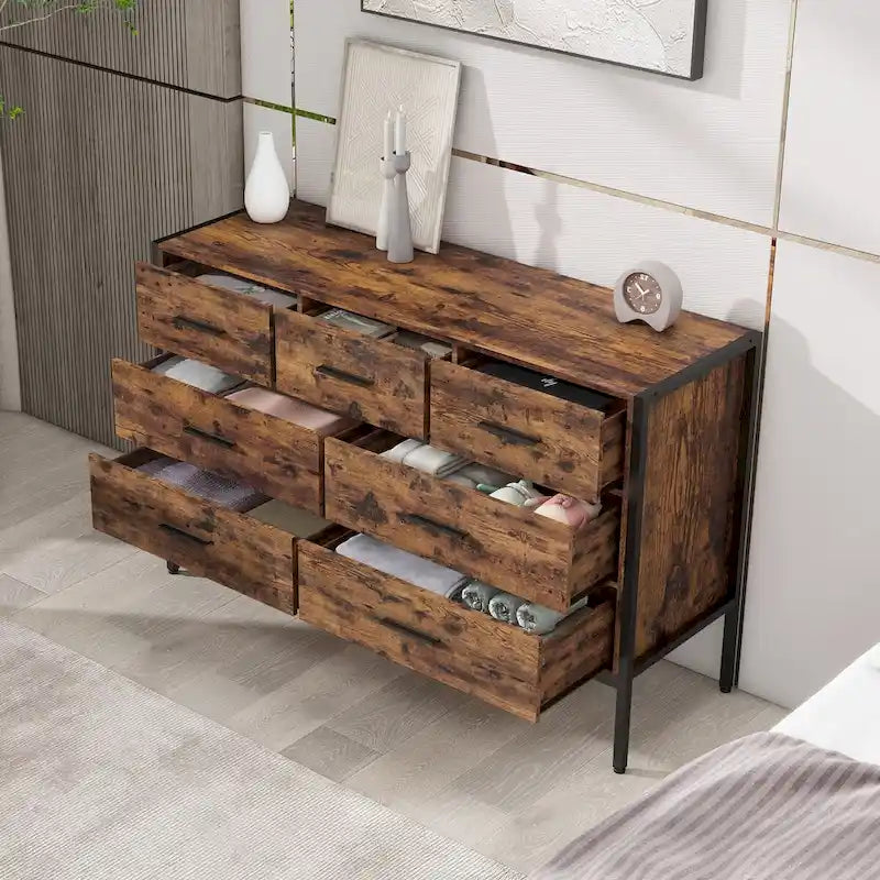 48 Wood Storage Dresser with 7 Drawers, Solid Clothes Cabinet with Sturdy Steel Frame, 48.58W15.75D31.22H, Rustic Brown