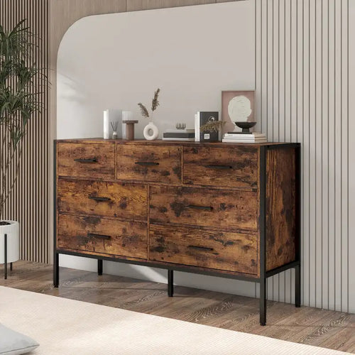 Commode de rangement en bois massif avec 7 tiroirs, 123 cm (L) x 40 cm (P) x 79 cm (H), marron rustique
