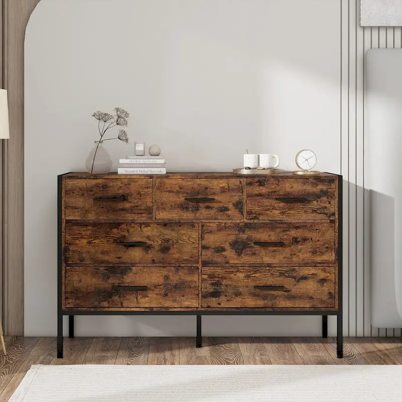 Commode de rangement en bois massif avec 7 tiroirs, 123 cm (L) x 40 cm (P) x 79 cm (H), marron rustique