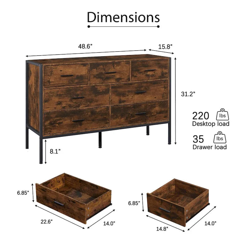 Commode de rangement en bois massif avec 7 tiroirs, 123 cm (L) x 40 cm (P) x 79 cm (H), marron rustique