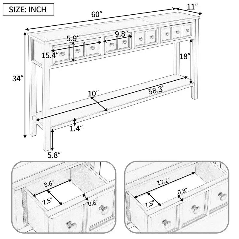Console rustique d'entrée, table d'appoint de 152 cm de long avec deux tiroirs de tailles différentes et une étagère inférieure pour le rangement