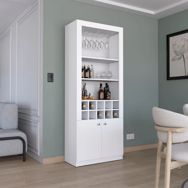 Meuble bar moderne à 4 niveaux de 74 pouces de haut avec porte-verres, étagère à verres à pied, meuble à vin, meuble à spiritueux, 10 casiers à bouteilles et 4 étagères.