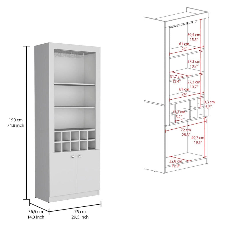 Meuble bar moderne à 4 niveaux de 74 pouces de haut avec porte-verres, étagère à verres à pied, meuble à vin, meuble à spiritueux, 10 casiers à bouteilles et 4 étagères.