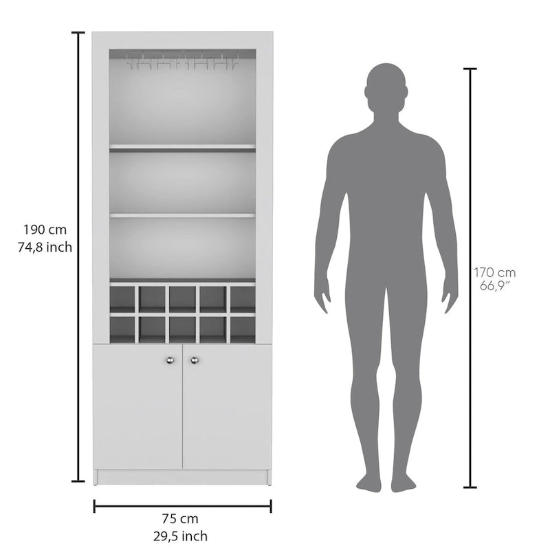 Meuble bar moderne à 4 niveaux de 74 pouces de haut avec porte-verres, étagère à verres à pied, meuble à vin, meuble à spiritueux, 10 casiers à bouteilles et 4 étagères.