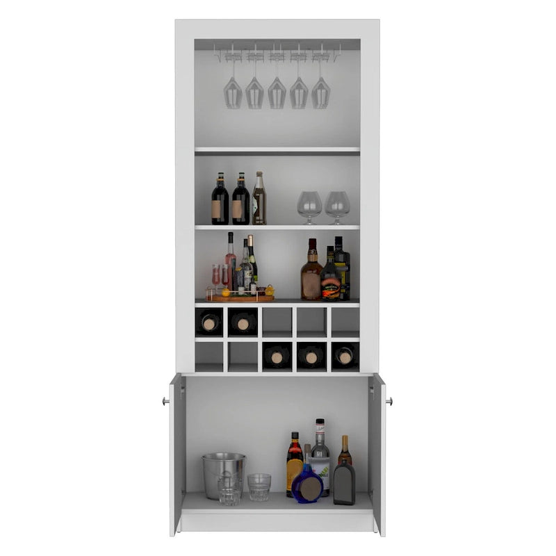 Meuble bar moderne à 4 niveaux de 74 pouces de haut avec porte-verres, étagère à verres à pied, meuble à vin, meuble à spiritueux, 10 casiers à bouteilles et 4 étagères.
