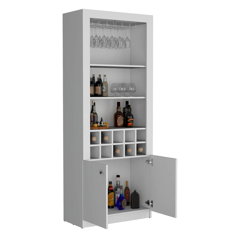 Meuble bar moderne à 4 niveaux de 74 pouces de haut avec porte-verres, étagère à verres à pied, meuble à vin, meuble à spiritueux, 10 casiers à bouteilles et 4 étagères.