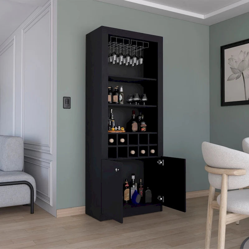 Meuble bar moderne à 4 niveaux de 74 pouces de haut avec porte-verres, étagère à verres à pied, meuble à vin, meuble à spiritueux, 10 casiers à bouteilles et 4 étagères.