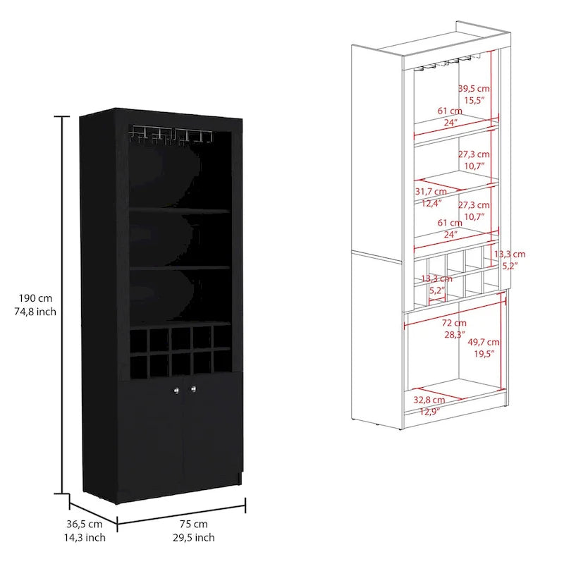 Meuble bar moderne à 4 niveaux de 74 pouces de haut avec porte-verres, étagère à verres à pied, meuble à vin, meuble à spiritueux, 10 casiers à bouteilles et 4 étagères.