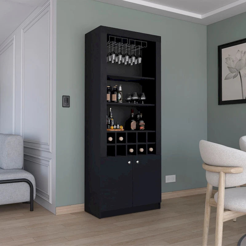 Meuble bar moderne à 4 niveaux de 74 pouces de haut avec porte-verres, étagère à verres à pied, meuble à vin, meuble à spiritueux, 10 casiers à bouteilles et 4 étagères.