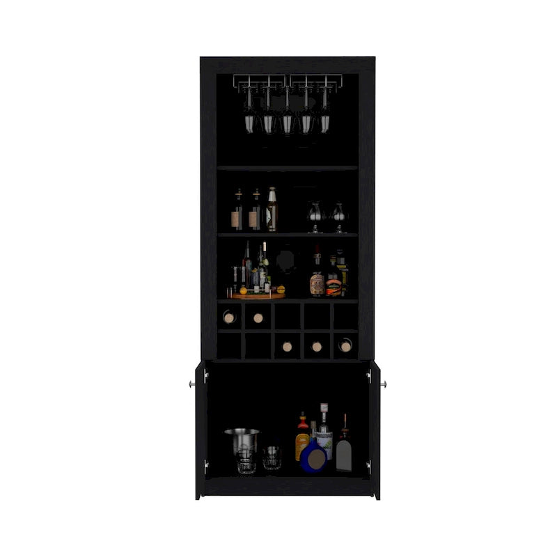 Meuble bar moderne à 4 niveaux de 74 pouces de haut avec porte-verres, étagère à verres à pied, meuble à vin, meuble à spiritueux, 10 casiers à bouteilles et 4 étagères.