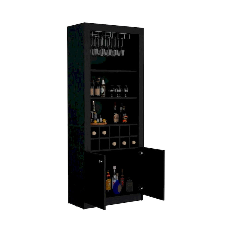 Meuble bar moderne à 4 niveaux de 74 pouces de haut avec porte-verres, étagère à verres à pied, meuble à vin, meuble à spiritueux, 10 casiers à bouteilles et 4 étagères.