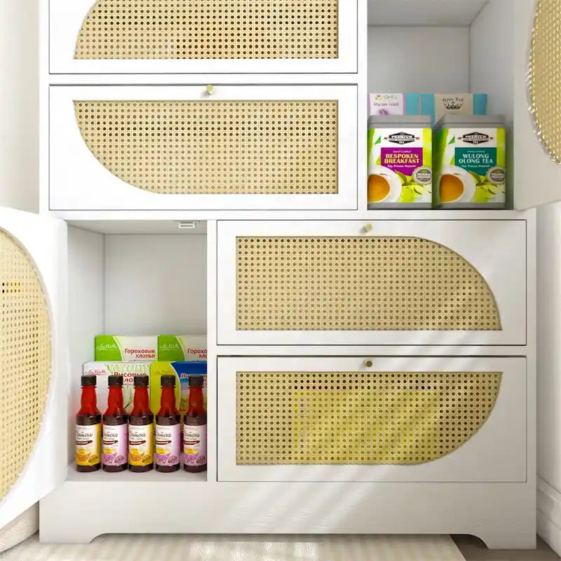 Armoire de rangement avec portes en rotin, haute armoire autoportante